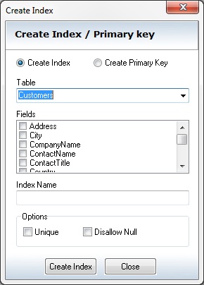 Create Index dialog