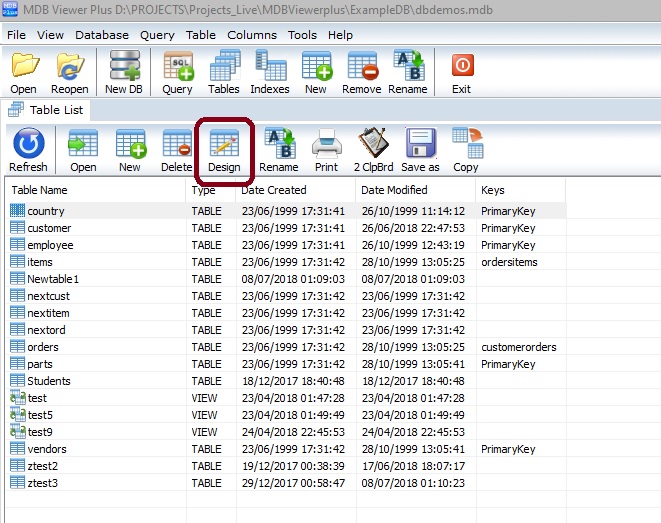 MDB Viewer Plus 2.65 screenshot showing table design tool button.