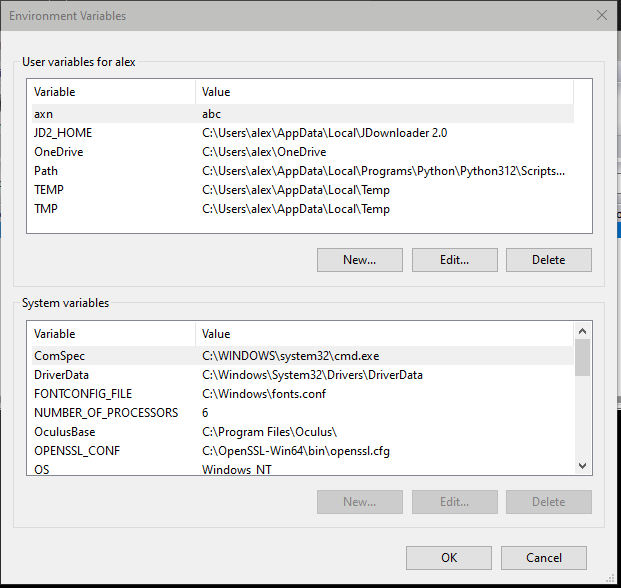 Windows System andUser Environment Variables dialog 